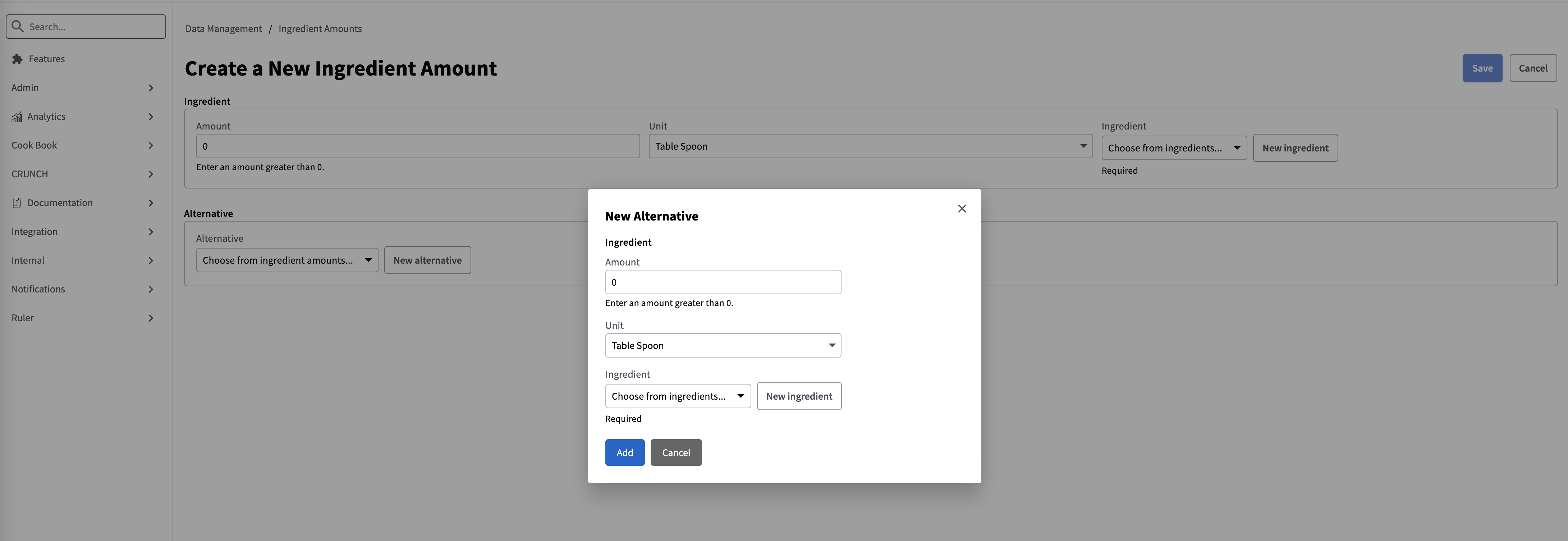 Creating an alternative in place — the popup reuses the main section