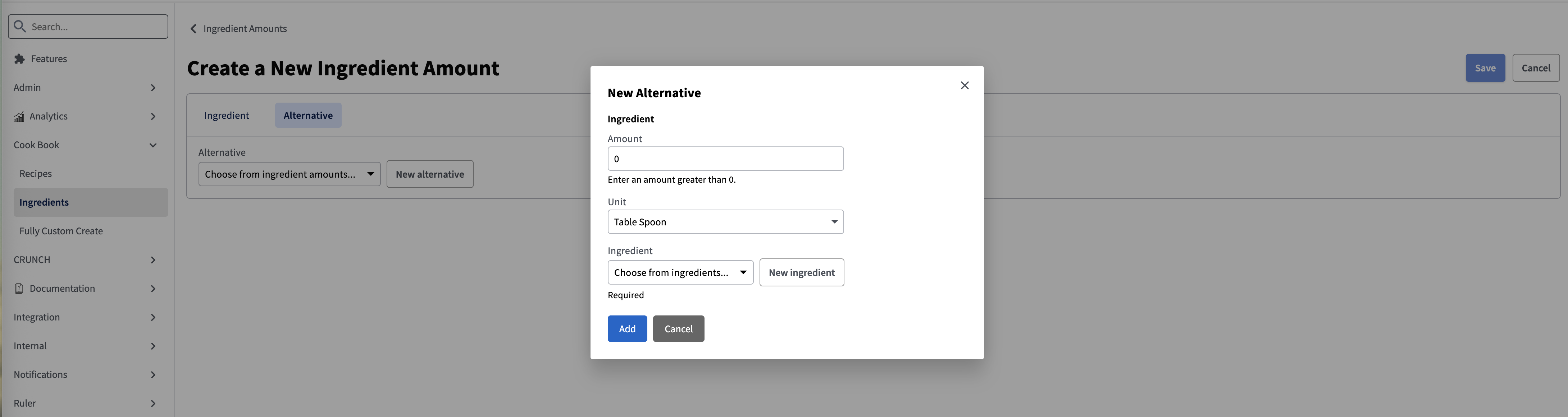 Tabbed create form for Ingredient Amount — Ingredient and Alternative on separate tabs