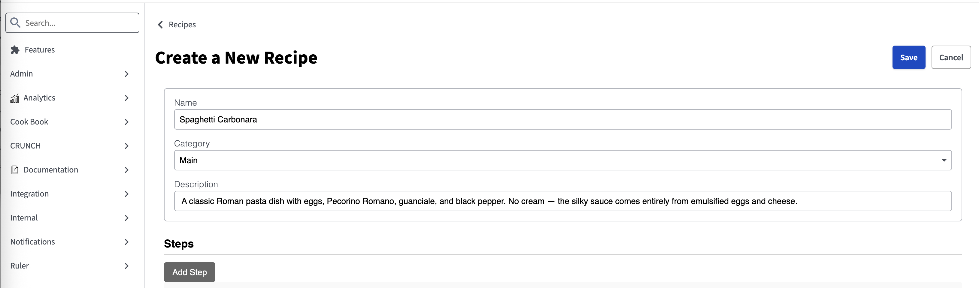 Create Recipe — empty steps