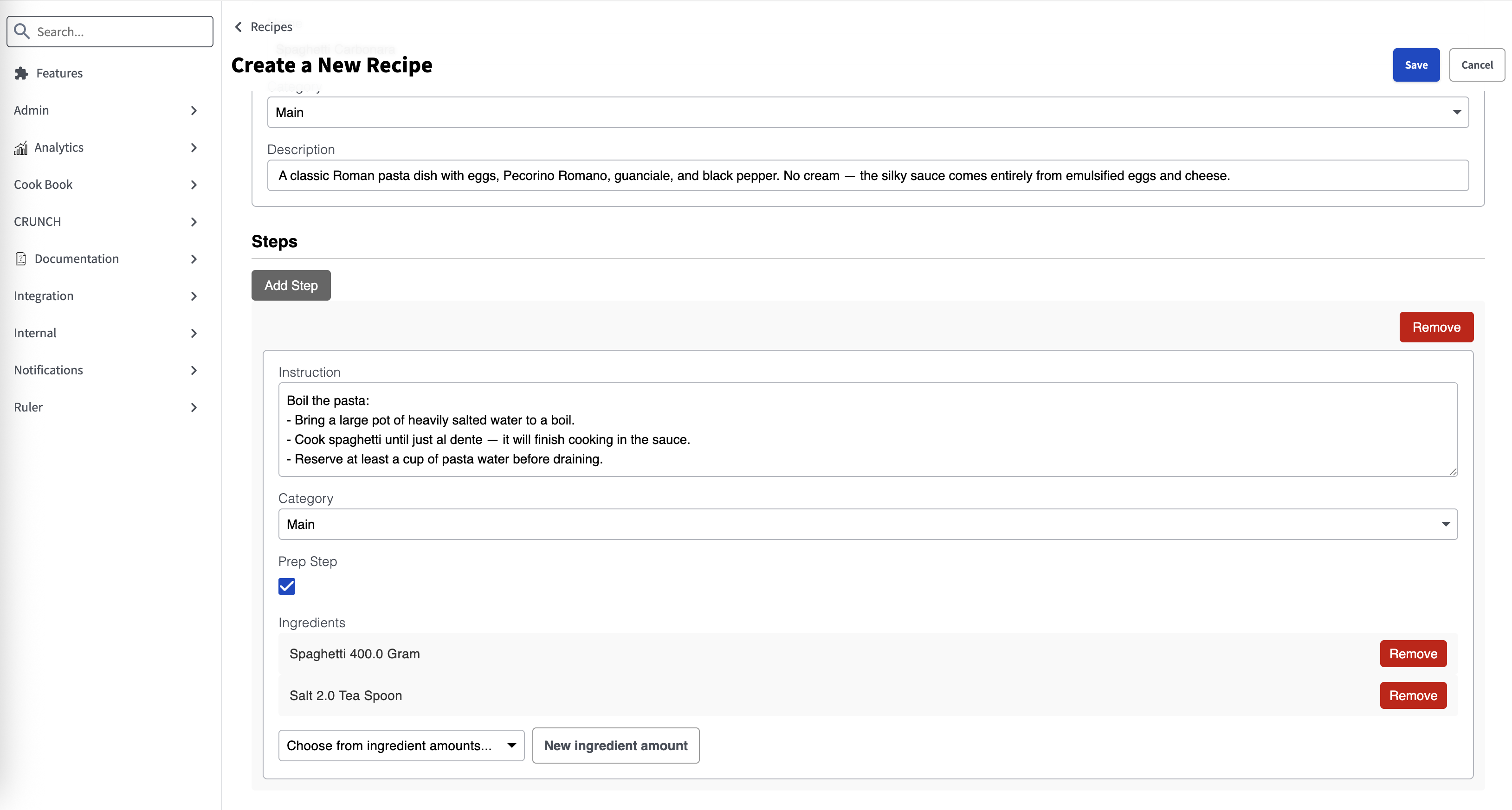 Create Recipe — first step with ingredient amounts